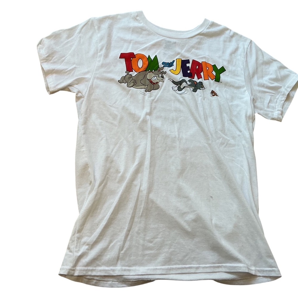 Tom and Jerry Graphic Tee White Short Sleeve Crew Neck Cartoon Shirt Large‎ L